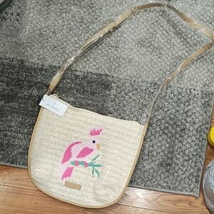 Vera Bradley Tan and Pink Bird Embroidered Crossbody Bag
